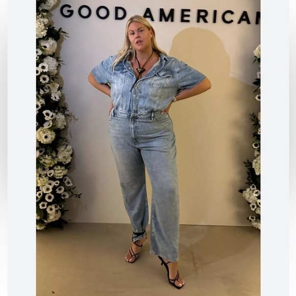Good American Anthropologie Weightless Denim Fit for Success Jumpsuit Wide Leg - Picture 2 of 13